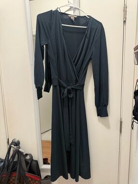 H&M Dark Teal Long-Sleeve Faux Wrap Midi Dress with Tie Waist